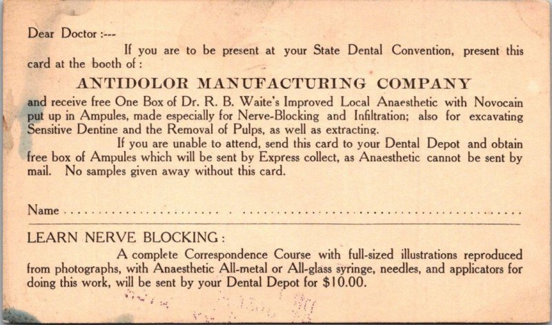 Advertising Antidolor Manufacturing Company Dr Waite's Anaesthetic Sample
