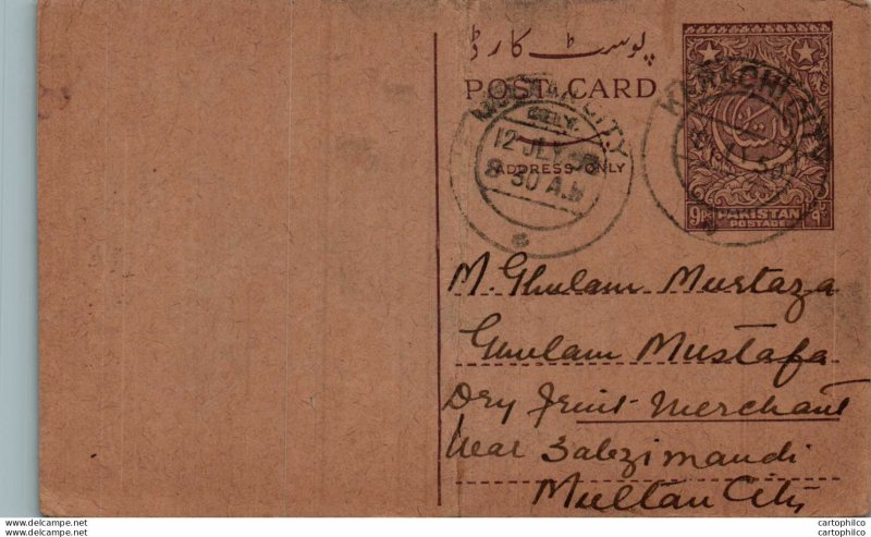Pakistan Postal Stationery 9p to Multan Makkimadni Karachi