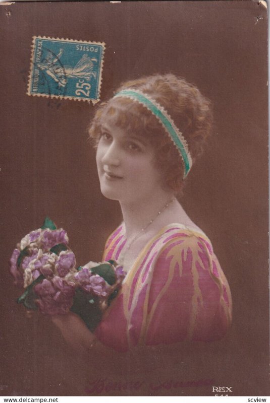 RP; NEW YEAR, 1900-10s; Bonne Annee, Portrait of Woman holding bouquet of pur...