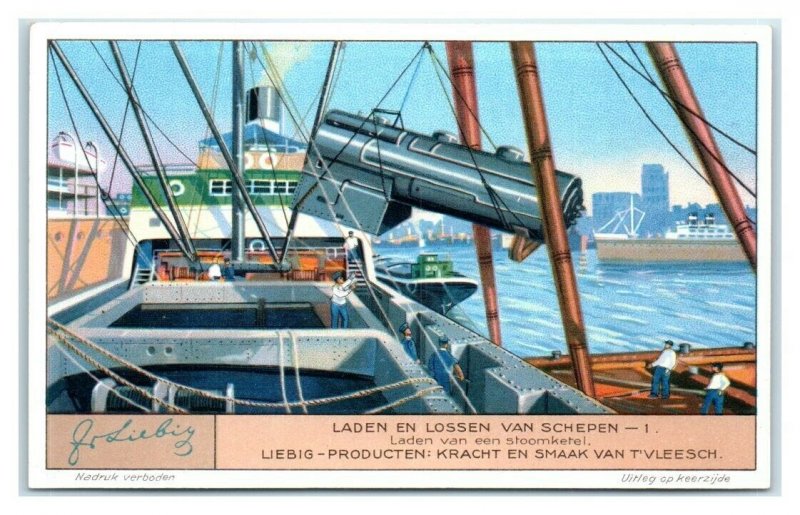 1932 Steam Boiler Floating Trestle, Loading Ships, Liebig Belgian Trade Card 