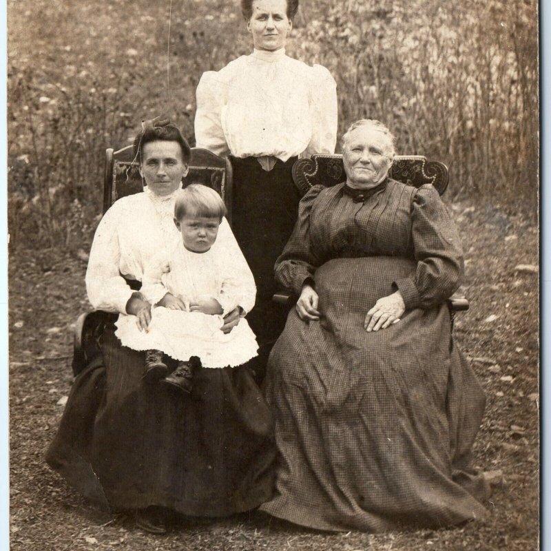 c1900s Unique Outdoor Women Wood Chairs RPPC Baby Boy in Dress Real Photo A161