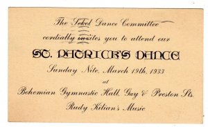 1933 ST PATRICK'S DANCE*SOKOL COMMITTEE*BOHEMIAN GYMNASTIC HALL BALTIMORE ESSEX