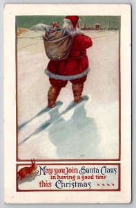 Christmas Red Suit Santa Claus With Toy Sack In Snow Postcard U26