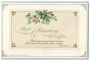 1914 Christmas Wishes Frank Vernon Holly Berries Winsch Back Embossed Postcard