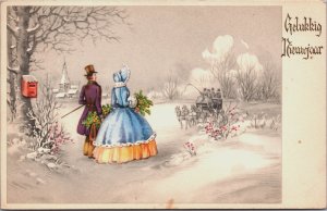 Happy New Year Romance In The Snow Vintage Postcard C182