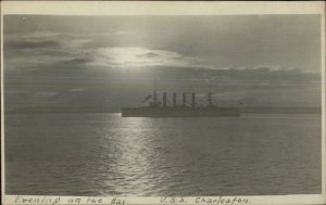 US Navy Ship USS Charleston at Sunset c1905 Real Photo Postcard