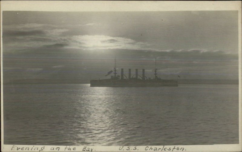 US Navy Ship USS Charleston at Sunset c1905 Real Photo Postcard