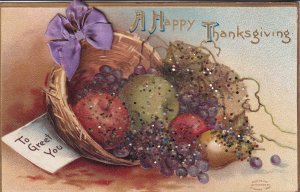 Thanksgiving Greeting Fruit Basket Novelty Glitter Ribbon embossed postcard B988