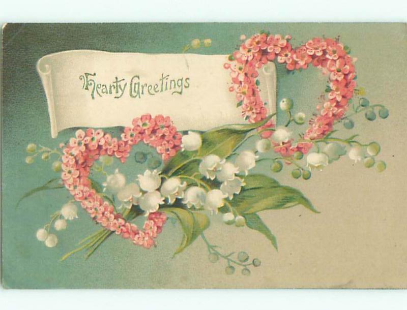 Pre-Linen valentine HEARTS MADE OF FLOWERS PLUS LILY OF THE VALLEY FLOWERS J1180