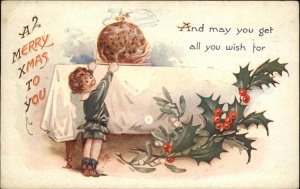 Little Boy Tries to Reach Christmas Pudding on Table c1910 Vintage Postcard