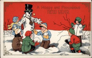 Christmas Children Snowman Embossed c1910s Postcard