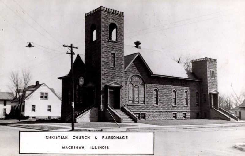 USA Christian Church & Parsonage Mackinaw Illinois Vintage RPPC 09.87