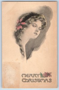 Christmas Pretty Woman Curly Long Hair Poinsettia Flowers Antique Postcard