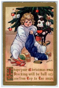 c1910's Christmas Tree Boy Toys In Stocking La Fargeville New York NY Postcard