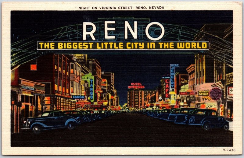 Night On Virginia Street Reno Nevada Biggest Little City In The World Postcard