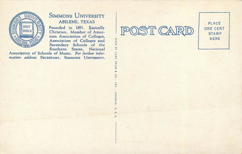 1920s Postcard; Simmons University Campus, Abilene TX, Unposted Curt Teich