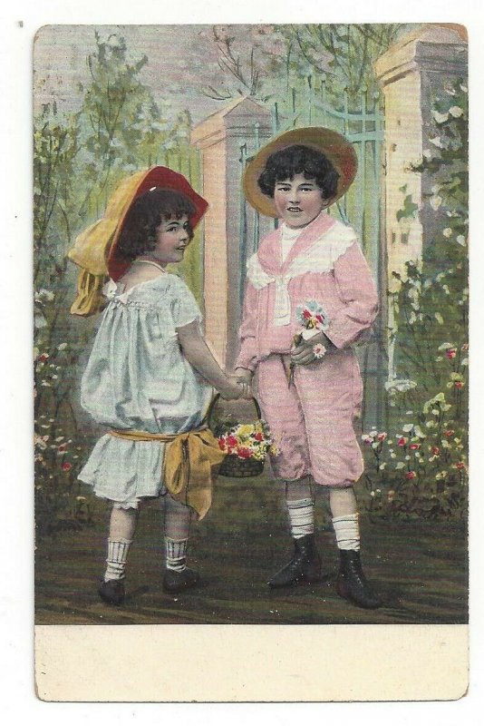 Postcard Two Young Girls Basket Flowers Hand Painted Standard View Embossed #2 