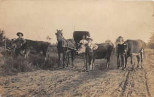 J6/ Interesting RPPC Postcard c1910 Horse Buggy Farmers Cows 48