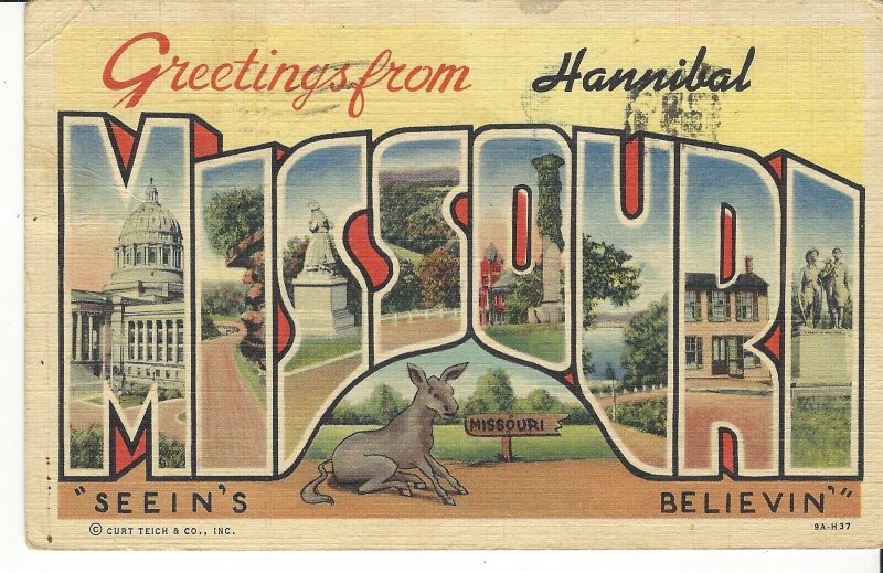 POSTCARD HANNIBAL MISSOURI LARGE LETTER GREETINGS FORM HANNIBAL MISSOURI