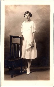 RPPC Postcard Portrait Woman White Dress Holding Diploma c1940