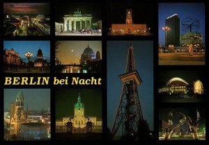 BERLIN GERMANY DOWNTOWN VIEW AT NIGHT MULTI-VIEW CONTINENTAL SIZE POSTCARD