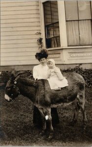 Child on Mule Woman Hat Burrow Unused Real Photo Postcard F62