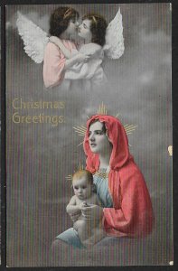 Christmas Greetings Angels & Woman Holding Baby Used c1910s