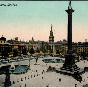c1907 London England Trafalgar Square Postcard Nelson's Column Lions St Martin's