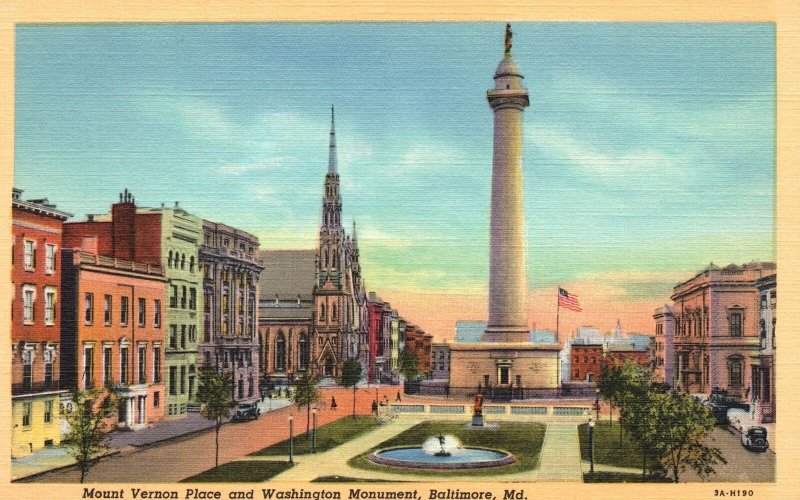 Vintage Postcard Mount Vernon Place and Washington Monument Baltimore Maryland