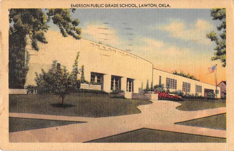 Lawton Oklahoma view of Emerson Public Grade School linen antique pc Y15739