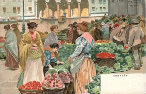 Italian Market Scene Fruit Baskets Women Shopping ERBARIA Fine Litho Postcard