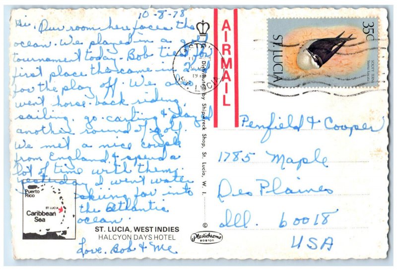 1978 Halcyon Days Hotel St. Lucia West Indies Air Mail Vintage Postcard