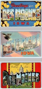 3 Large Letter Linens Greetings from DES MOINES, IOWA Tichnor, Kropp 1940s