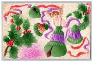 c1910's Christmas Angel Ringing Bells Holly Berries Airbrushed Embossed Postcard 