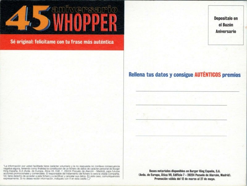 postcard advert Burger King Spain - Nuestro Objetivo es Servirte Rapido