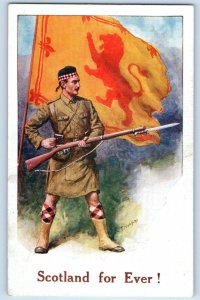 Scotland Postcard Soldier with Long Gun Knife Flag c1930's Unposted Vintage
