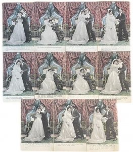 Lot 11 antique postcards couple lovers marriage groom & bride love wedding dress 