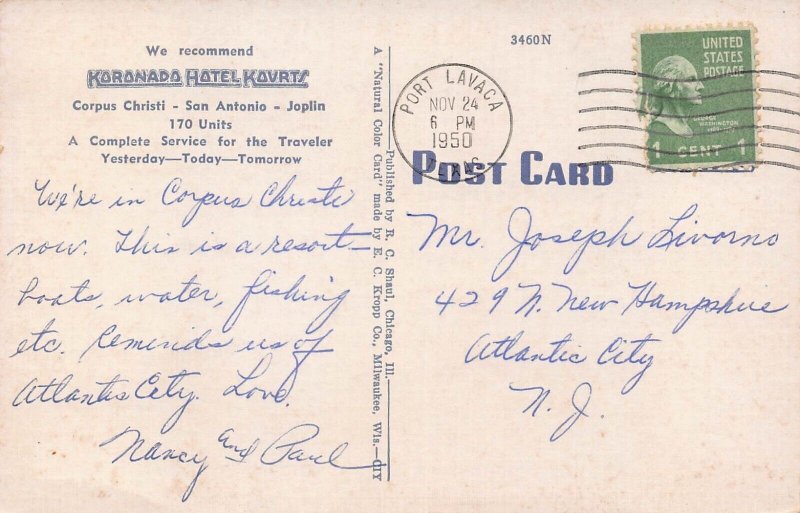 CORPUS CHRISTI-SAN ANTONIO-JOPLIN TEXAS TX~KORONADO HOTEL KOURTZ-1950 POSTCARD