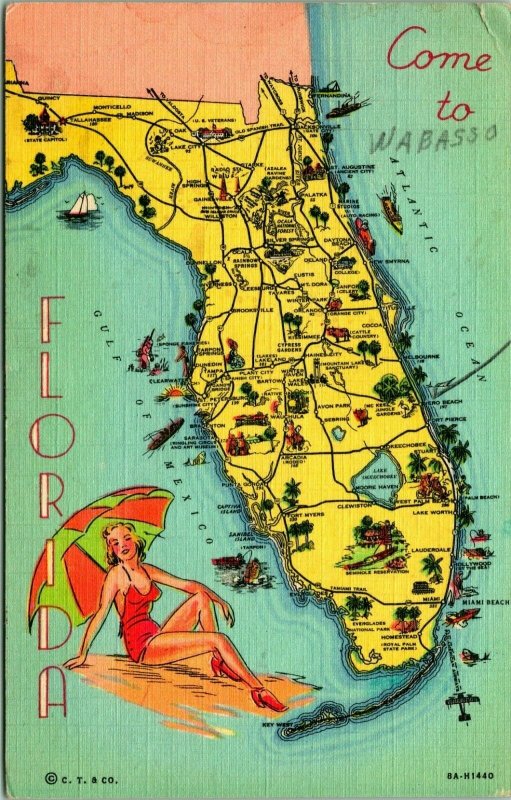 Vintage Curteich Linen Postcard Florida Map w Bathing Beauty