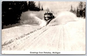RPPC~Greetings From Petoskey Michigan~Snowplow Scene~PM 1948~Real Photo Postcard