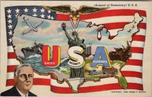 USA 1942 FDR Arsenal of Democracy Unity Security Allegiance Postcard Y13