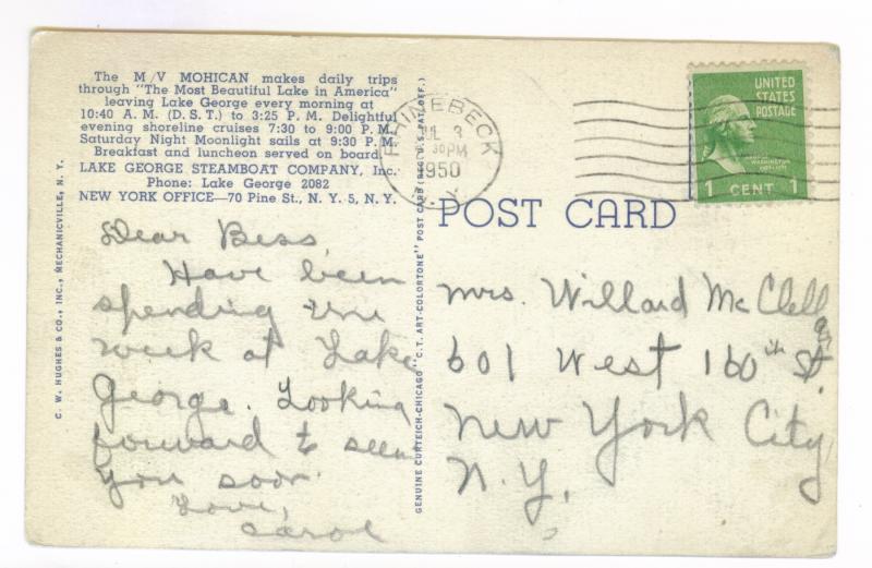 Rhinebeck to New York City 1950 used Postcard, Motor Vessel Mohican, Lake George