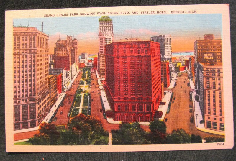 DETROIT, MI ~ Statler Hotel Grand Circus Park Aerial View Vtg Postcard