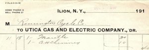 1910 ILION NY UTICA GAS AND ELECTRIC COMPANY REMINGTON CYCLE CLUB BILLHEAD Z4650