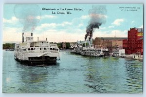 La Crosse Wisconsin Postcard Steamboats In La Crosse Harbor Scene c1920s Antique