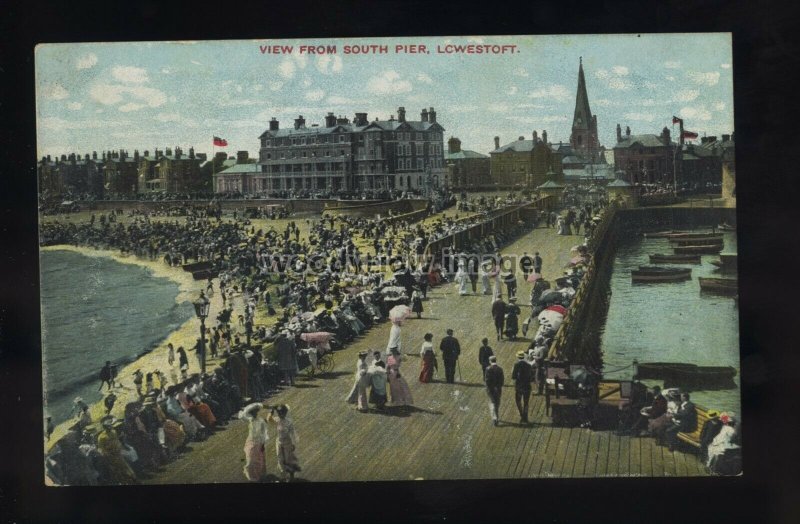 TQ3377 - Suffolk - A very busy South Pier & Beach at Lowestoft - postcard