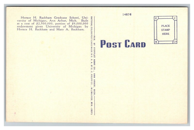Vintage 1930's Postcard Horace Rackham Graduate School University of  Michigan
