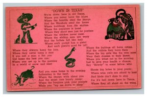 Vintage 1940's Postcard Down in Texas Poem - Dancers Texas Longhorn Rattle Snake
