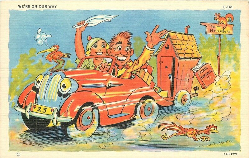 Postcard 1940s Ray Walters Auto Road Trip Outhouse comic humor Teich 23-8257