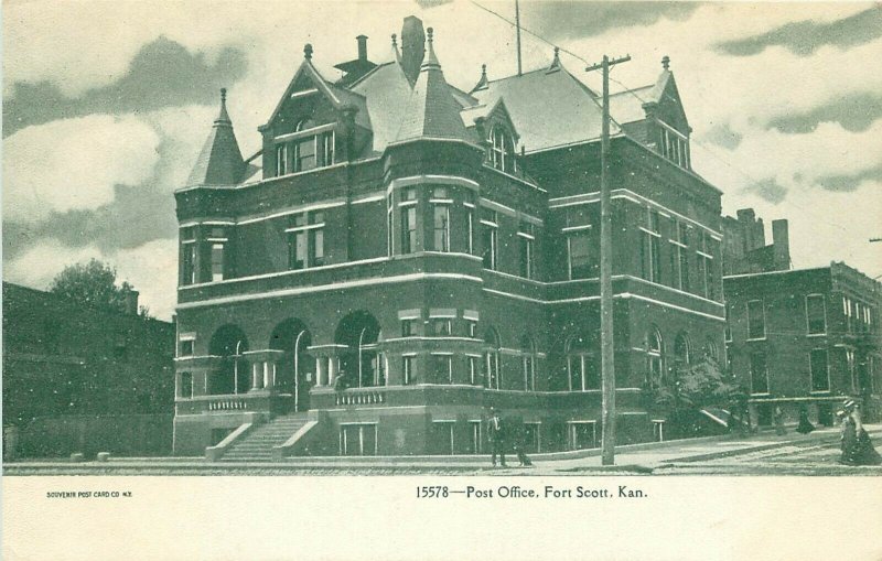 c1905 Postcard; Fort Scott KS Post Office Bourbon County Unposted Green Ink